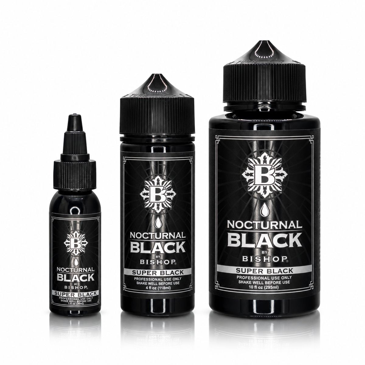 Nocturnal By Bishop Super Black 30ml, 118ml, 295ml — buteliukų dydžių palyginimas