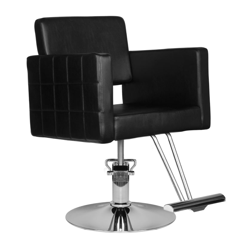 Black HAIR SYSTEM HS33 hairdressing chair with padded seat and backrest, adjustable height, and chrome base for salon use.