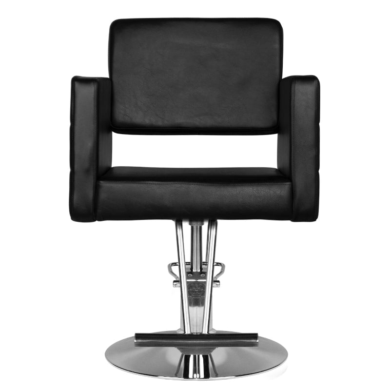 Black HAIR SYSTEM HS33 hairdressing chair with cushioned seat and backrest, adjustable height, and sturdy base.