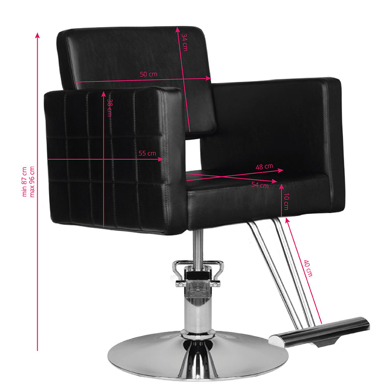 Black HAIR SYSTEM hairdressing chair HS33 with padded seat and backrest, adjustable height, and sturdy base for salon use.