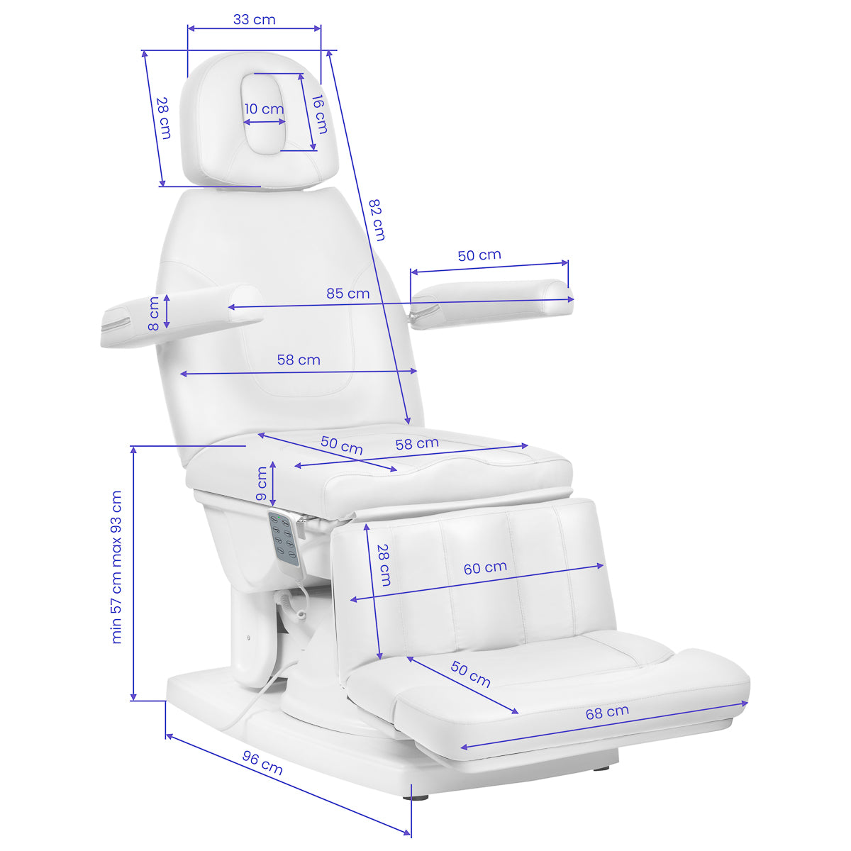 White Kate electric podiatry chair with 4 actuators, designed for beauty salons, featuring adjustable positioning and ergonomic comfort.