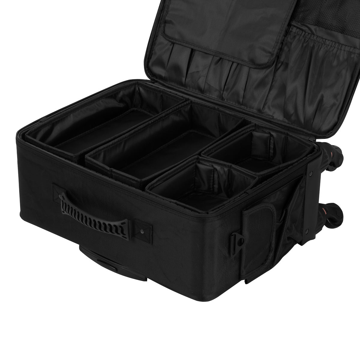 ACTIVESHOP hairdresser's case with compartments for tools, black sturdy design, open with scissors and combs inside.