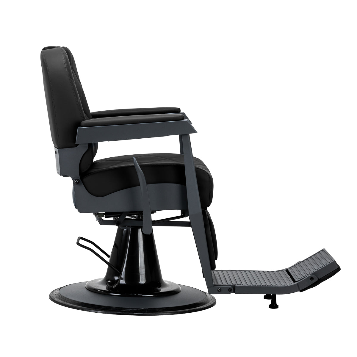 Gabbiano Bruno barber chair with graphite frame and black upholstery, modern barbershop furniture with adjustable features.