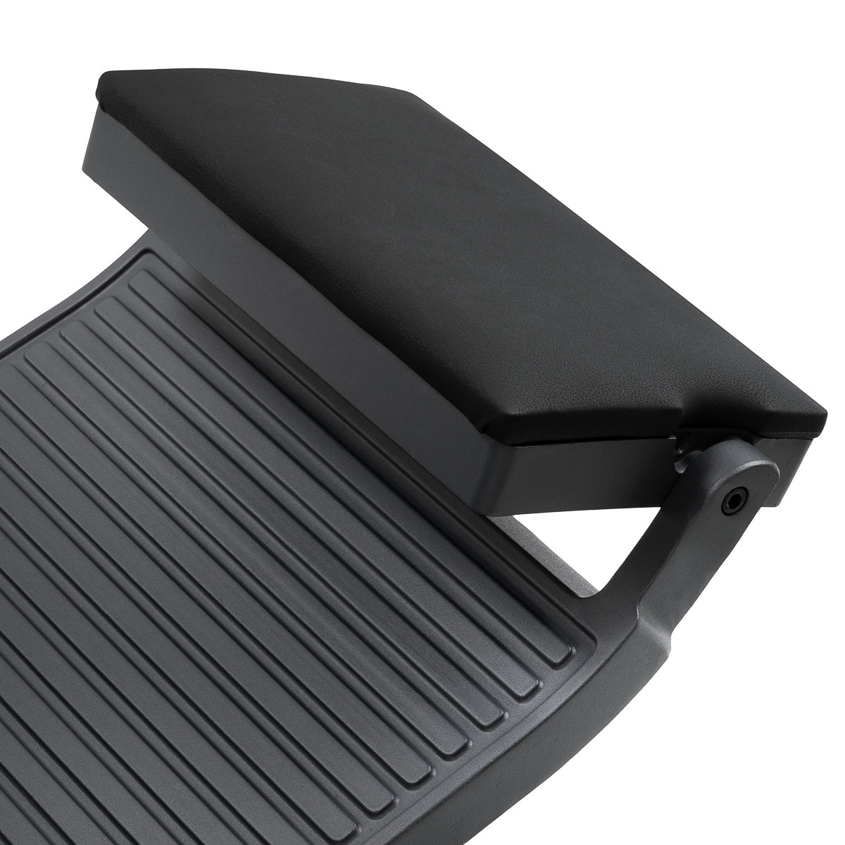 Gabbiano Bruno barber chair with graphite frame and black upholstery, modern barbershop furniture with cushioned seat and backrest.