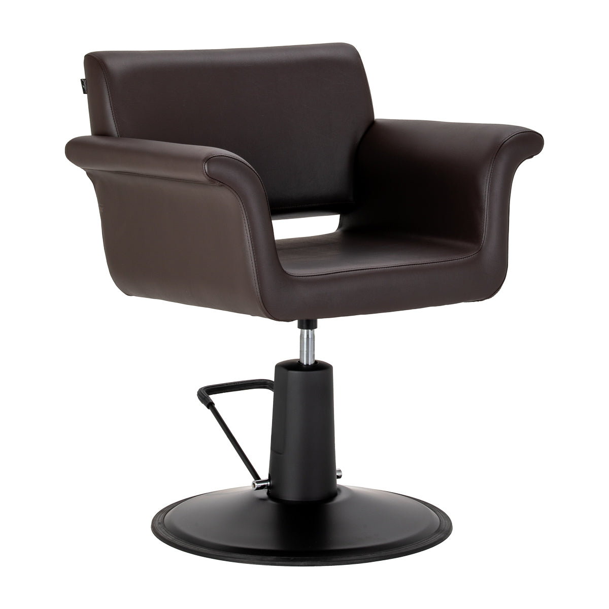Gabbiano Lucca brown hairdressing chair with cushioned seat and backrest, adjustable height, and chrome base.