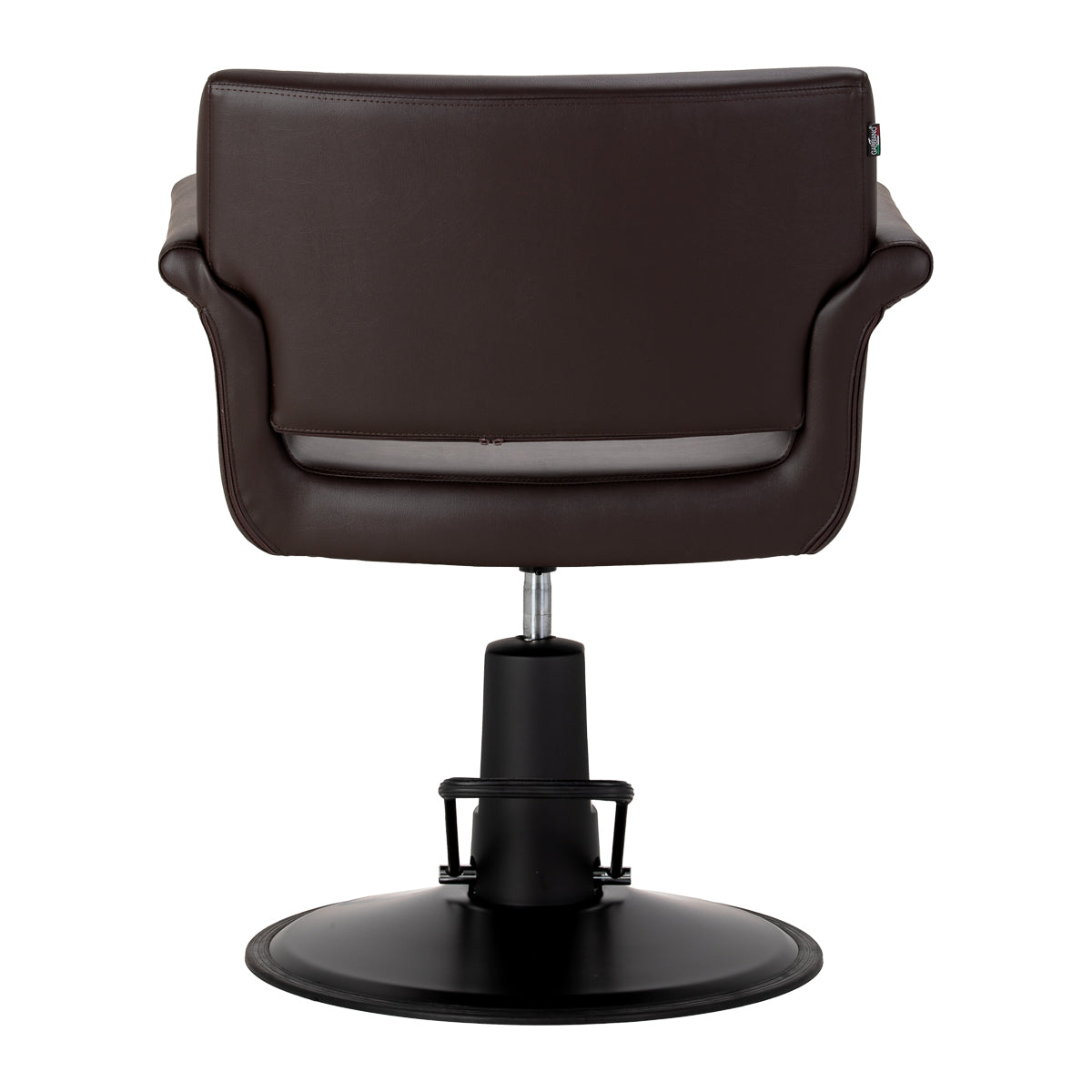 Gabbiano Lucca brown hairdressing chair with padded seat and backrest, adjustable height, and chrome base.