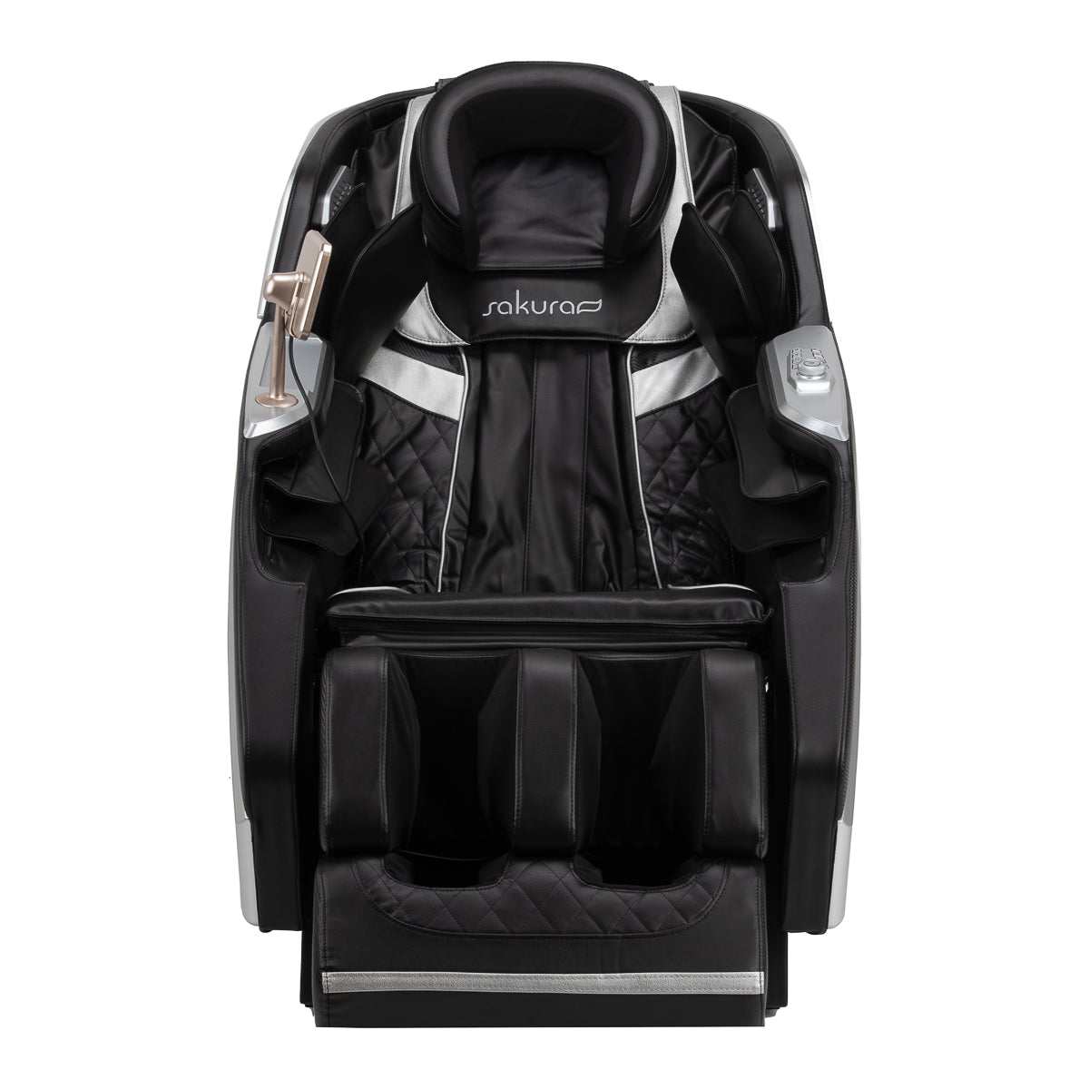 Black Sakura Prime 108 massage chair featuring padded upholstery and built-in controls for relaxing massage therapy.