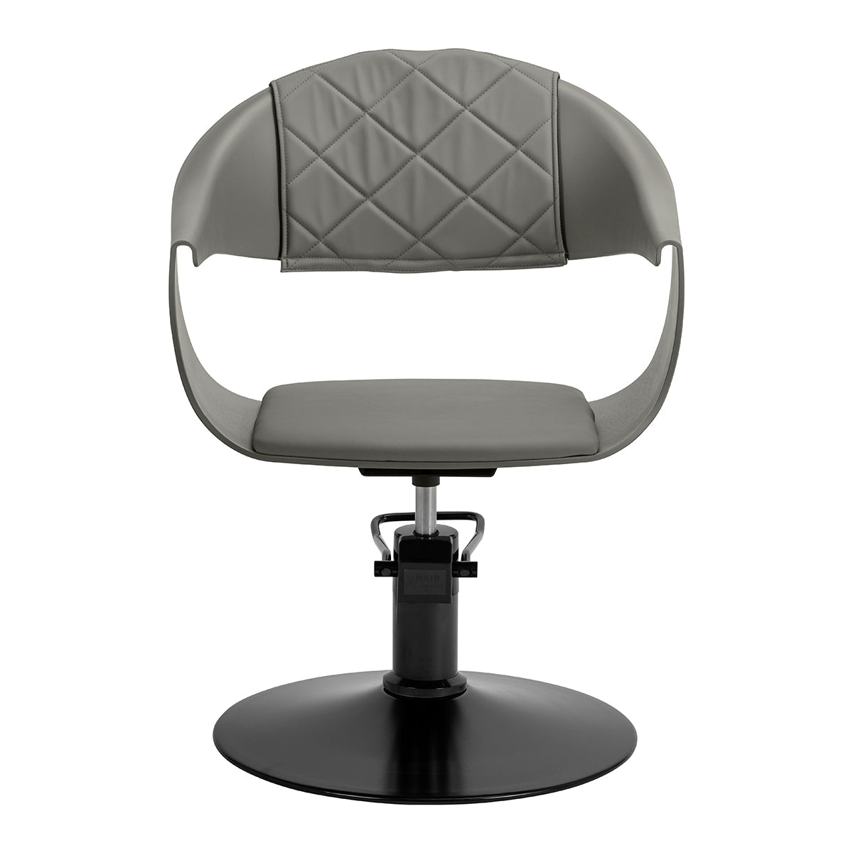 Grey HAIR SYSTEM Halo hairdressing chair with padded seat and backrest, designed for professional salon use.