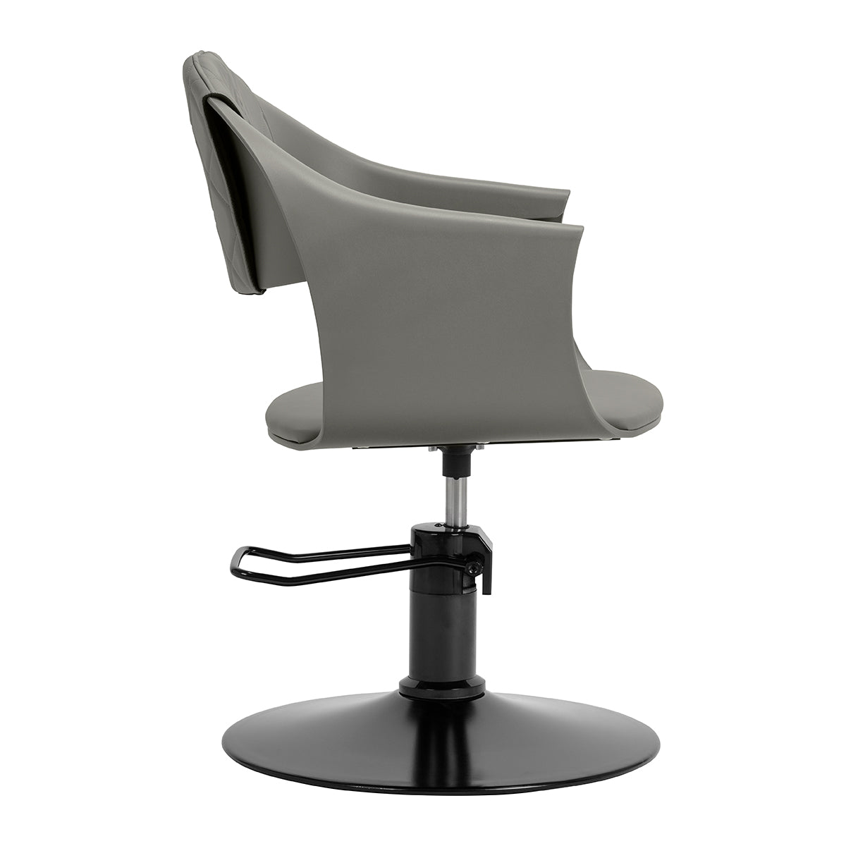Grey HAIR SYSTEM Halo hairdressing chair with cushioned seat and backrest, featuring a sleek, modern design for salon use.