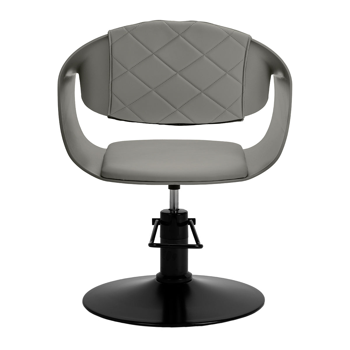 Grey HAIR SYSTEM Halo hairdressing chair with cushioned seat and backrest, featuring a sleek, modern design for salon use.