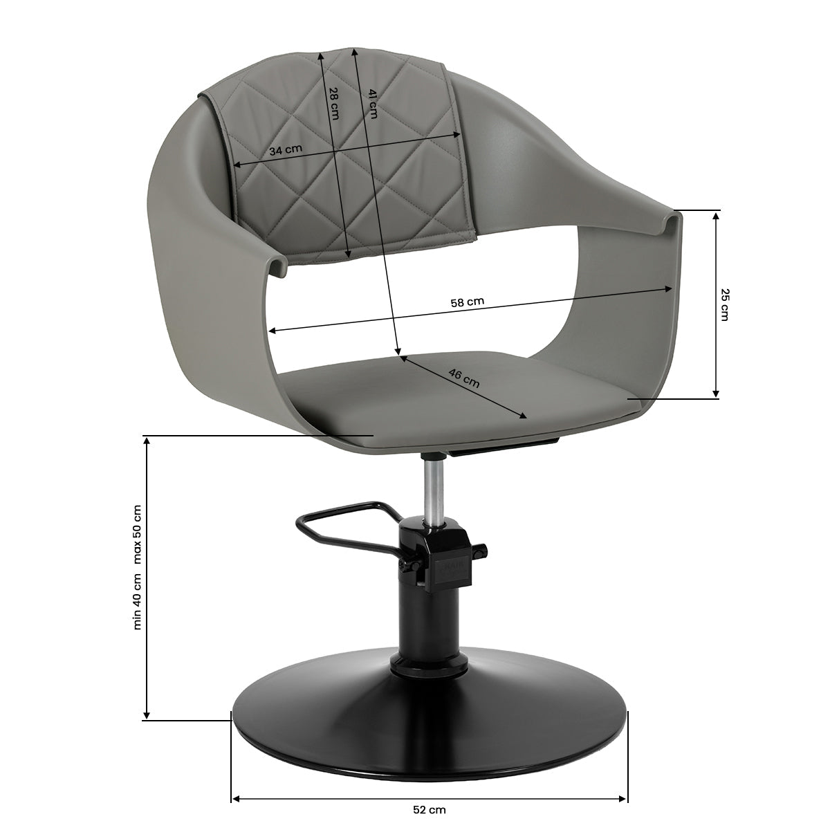 Grey HAIR SYSTEM Halo hairdressing chair with padded seat and backrest, designed for professional salon use.