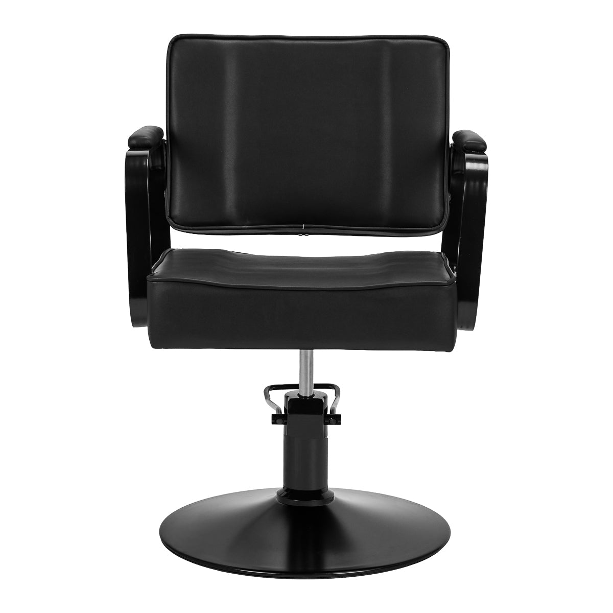 Hair System studio noir black hairdressing chair with padded seat, adjustable height, and sleek black upholstery.