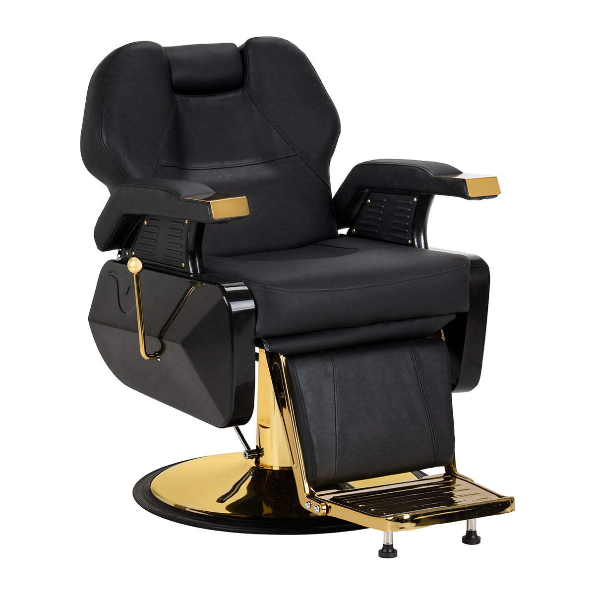 Black and gold HAIR SYSTEM barber chair with padded seat and backrest, modern barbershop furniture for professional salons.