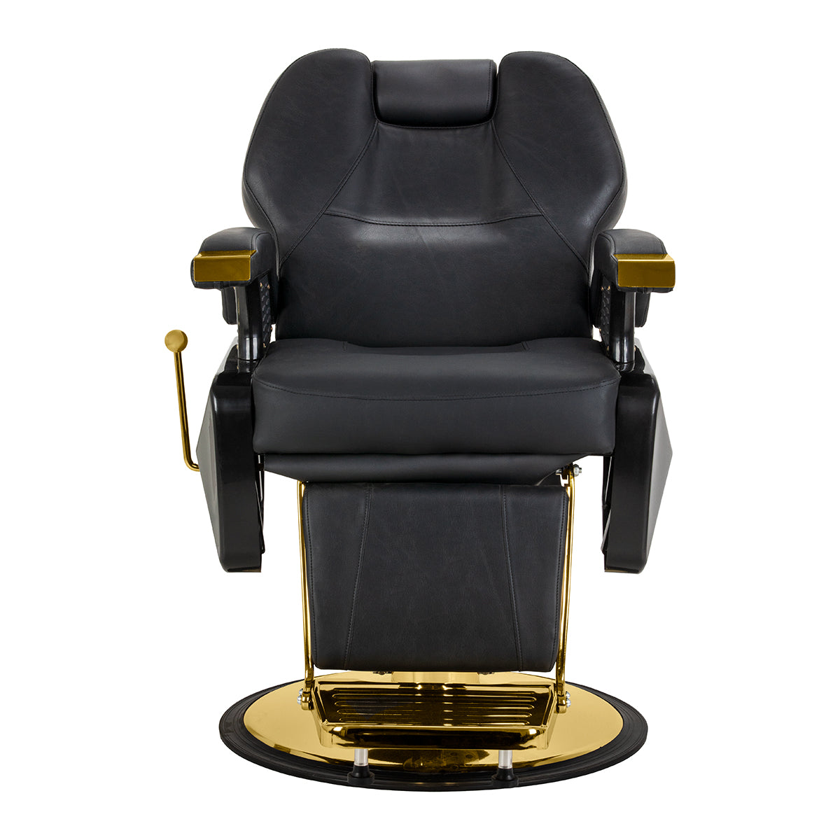 Black and gold HAIR SYSTEM barber chair from New York, featuring plush upholstery and sturdy barbershop furniture design.
