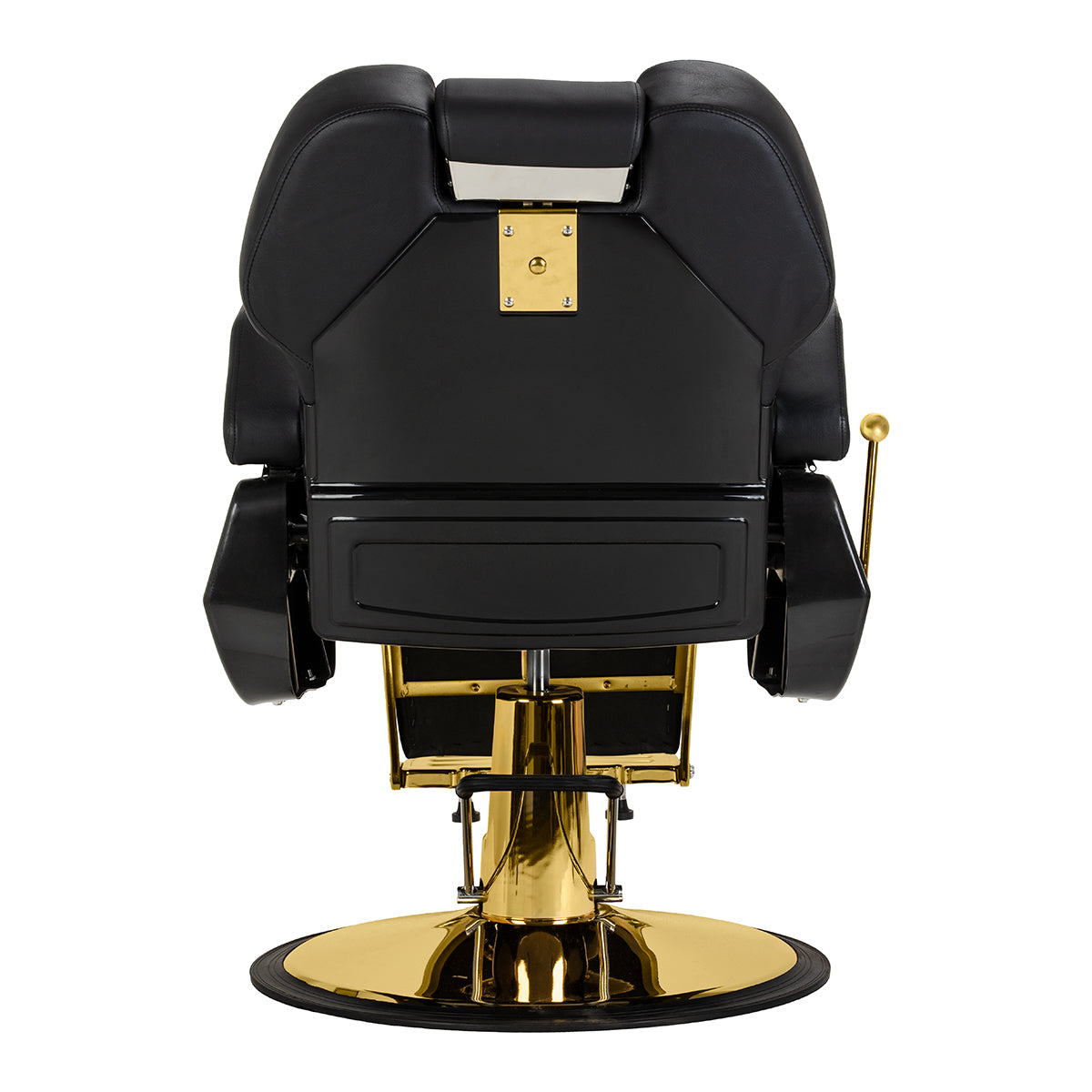Black and gold HAIR SYSTEM barber chair, stylish barbershop furniture with padded seat and backrest, adjustable height for grooming.