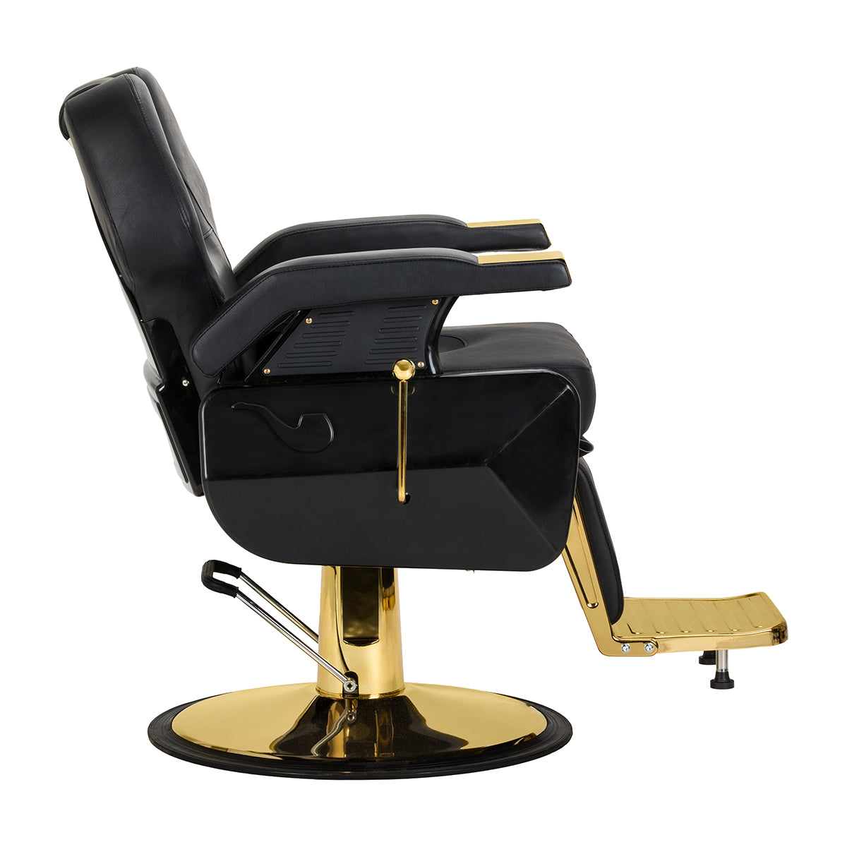 Black and gold HAIR SYSTEM barber chair with padded seat and backrest, stylish barbershop furniture for professional salons.