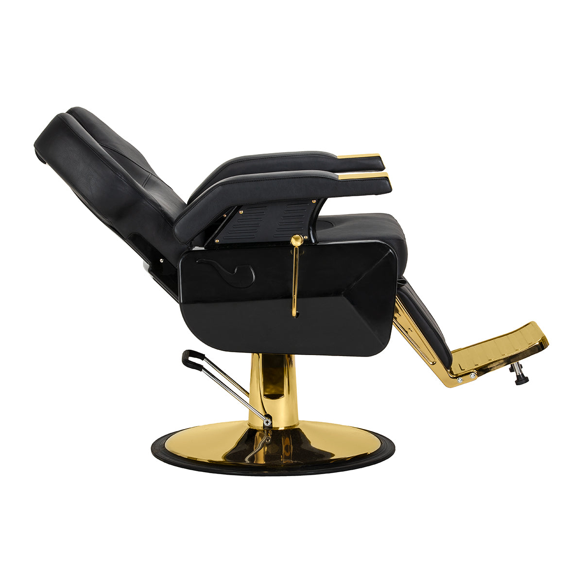 Black and gold HAIR SYSTEM barber chair from New York, featuring plush upholstery and sturdy barbershop furniture design.