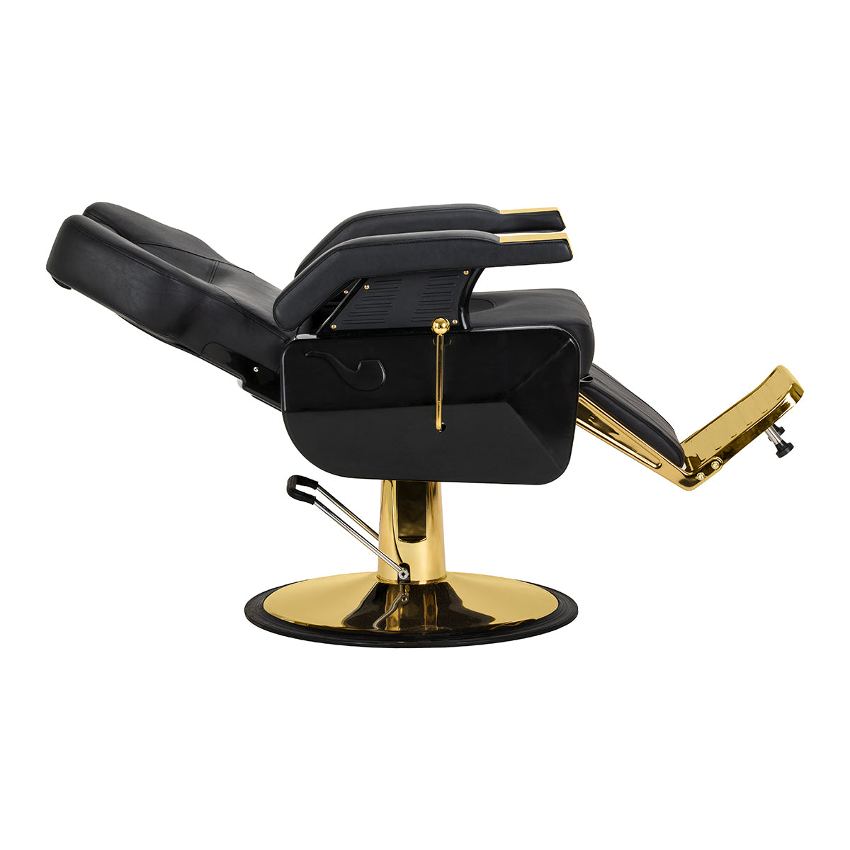 Black and gold HAIR SYSTEM barber chair with plush upholstery, sturdy armrests, and hydraulic base for professional barbershop use.