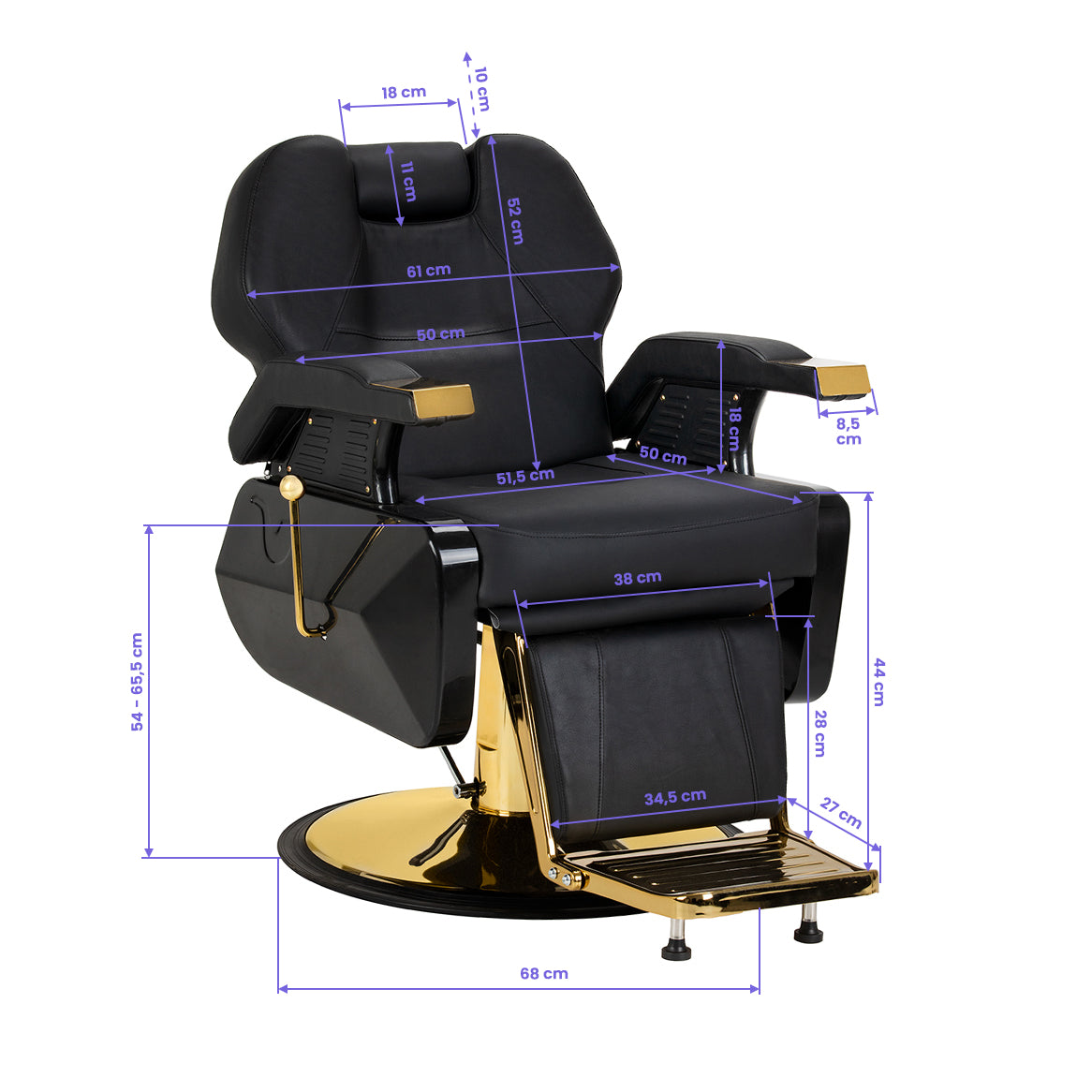 Black and gold HAIR SYSTEM barber chair with plush cushioning and armrests, designed for professional barbershop use.