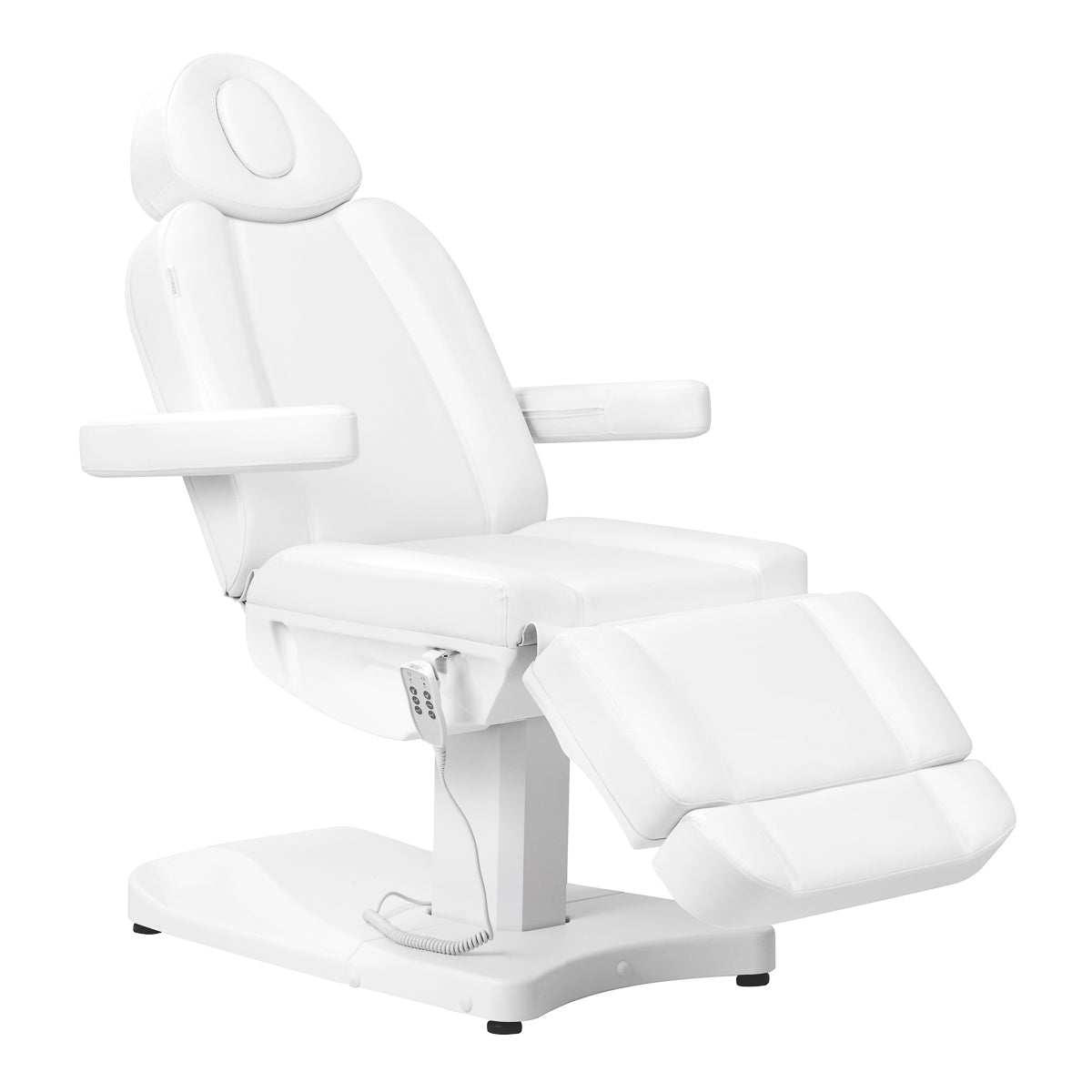 Azzurro 803D electric cosmetic chair in white with three motors, designed for beauty salon comfort and style.