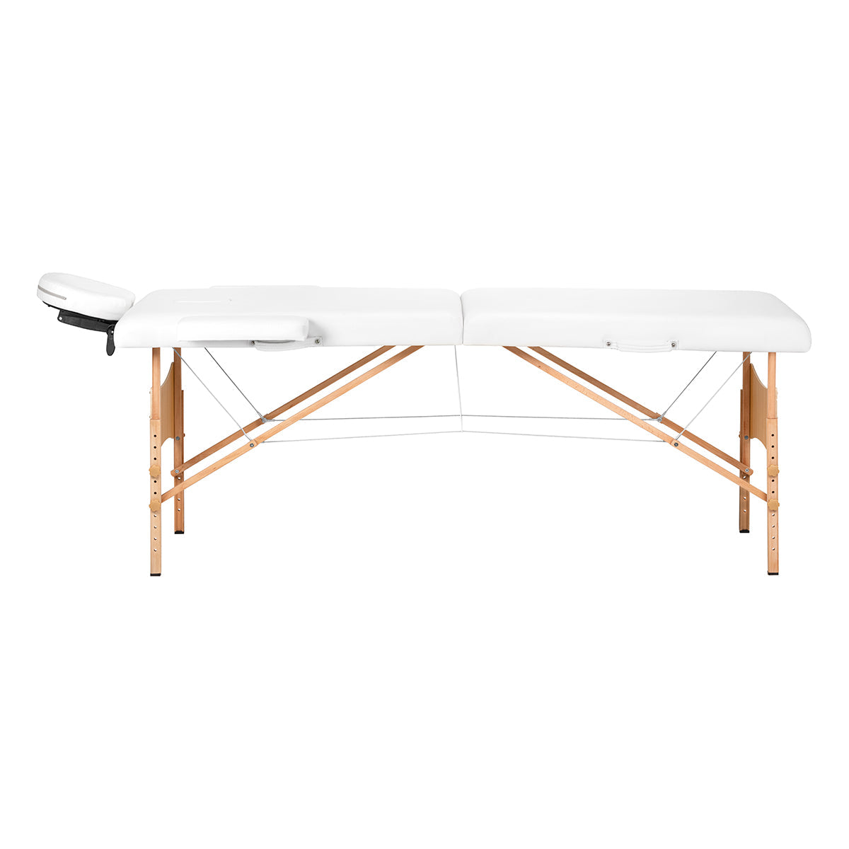 White BALANCE wooden folding massage table with 2 segments, measuring 190x70 cm, featuring a sturdy, adjustable design.