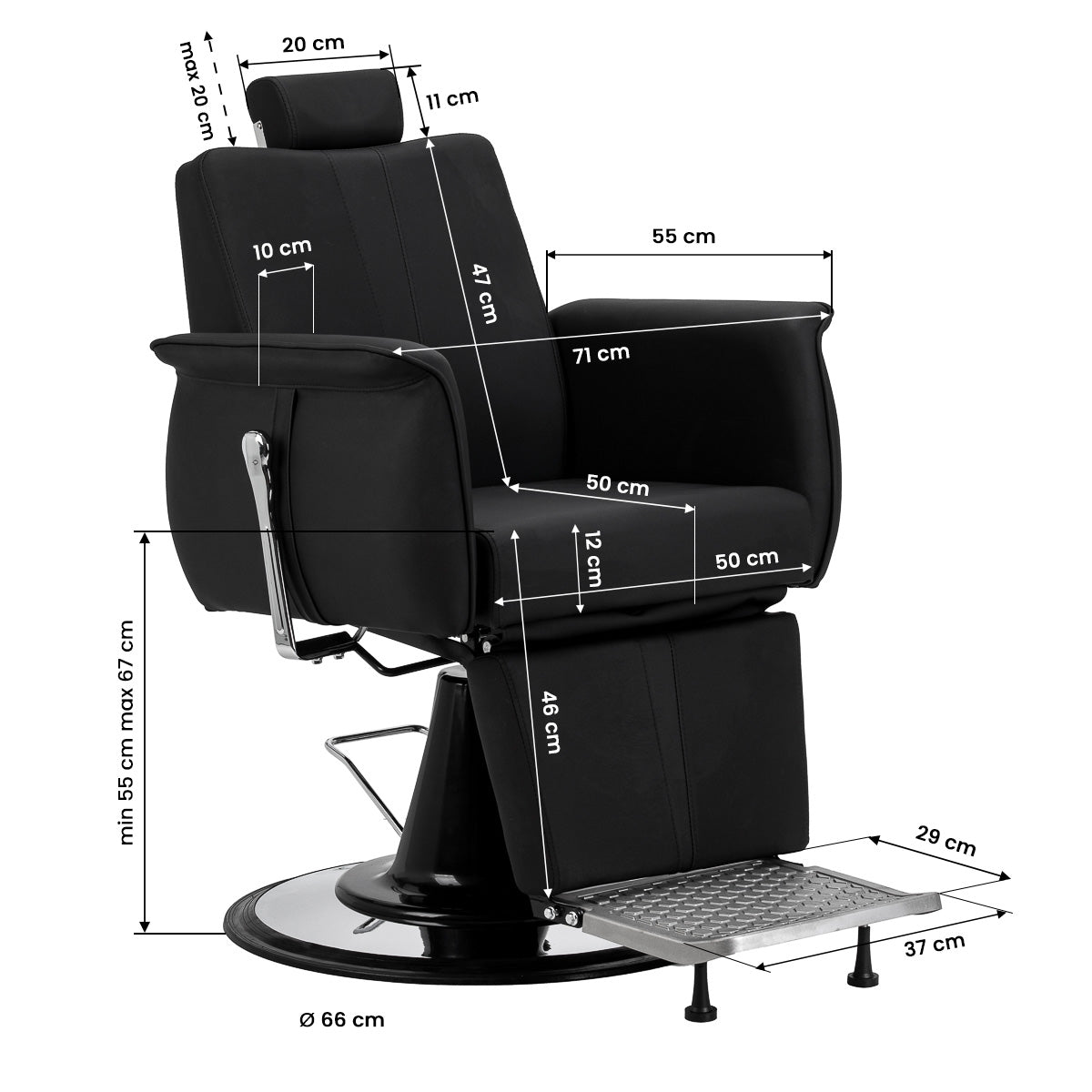 Gabbiano Athena black barber chair with padded seat and backrest, adjustable height, and armrests, designed for barbershop use.