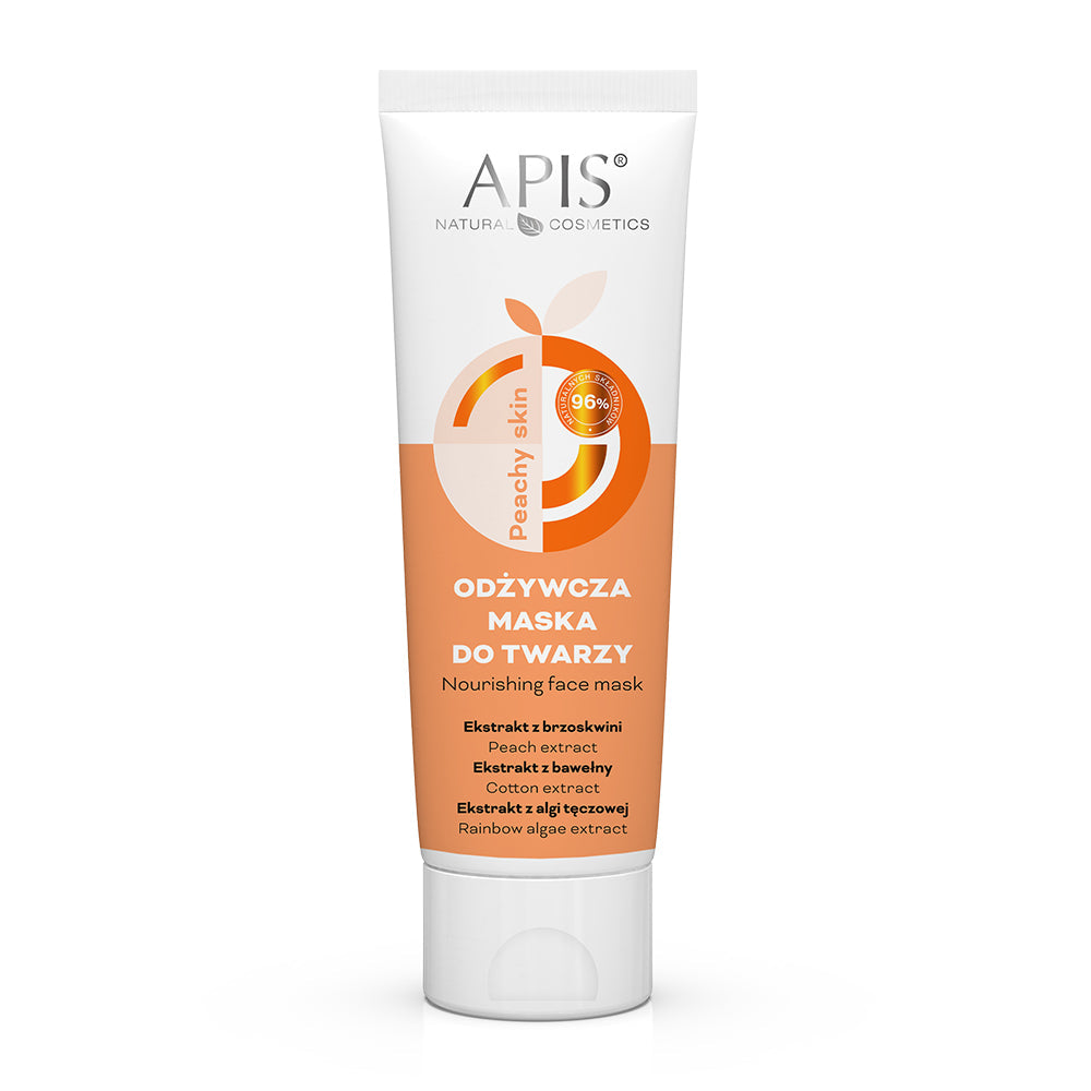 Apis Peachy Skin Nourishing Face Mask in 100 ml jar, showing the creamy mask texture and peach-themed packaging.