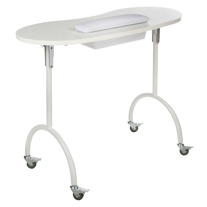 Foldable Beauty System manicure table with adjustable height and storage, shown with included carrying bag for easy transport.