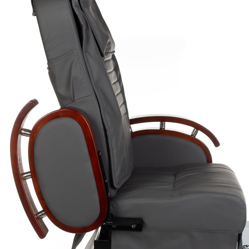 Gray pedicure armchair with massage features from Beauty System, model BR-3820D, showing plush cushioning and ergonomic design.