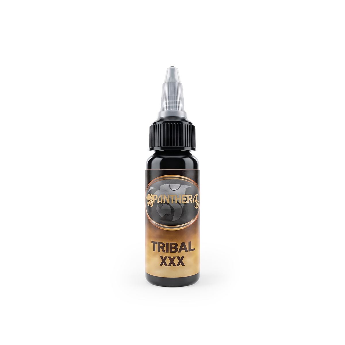 Panthera Tribal XXX Black 30ml bottle, REACH approved, featuring a sleek black design with tribal artwork, for grooming or styling.