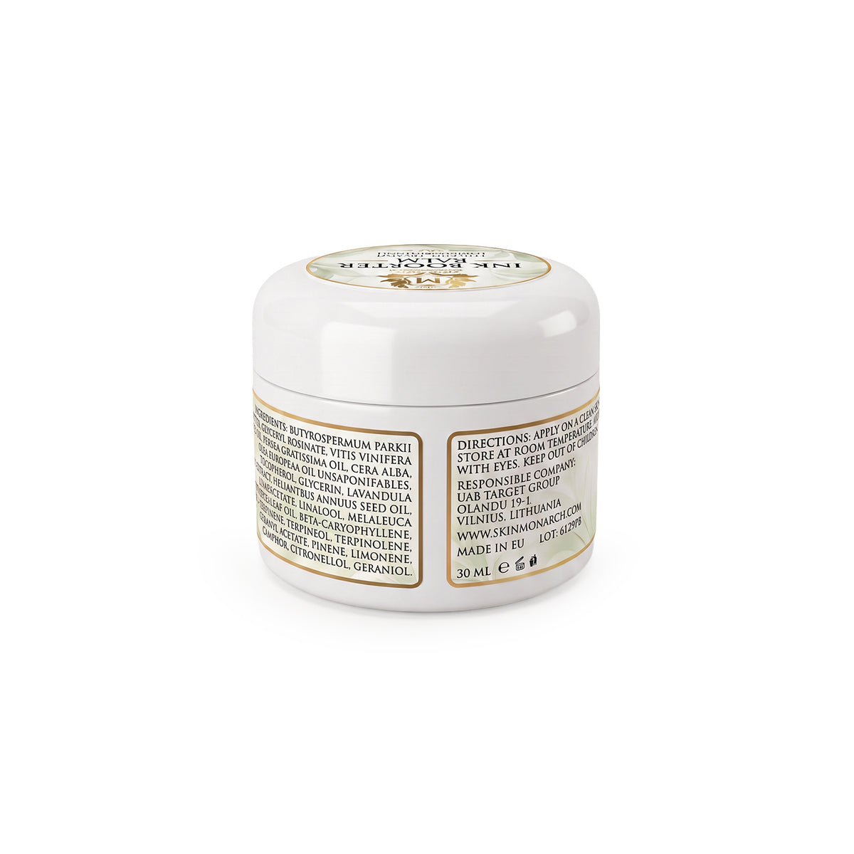 Skin Monarch Ink Booster Balm 30ml, galinė etiketė su ingredientais ir naudojimo nurodymais
