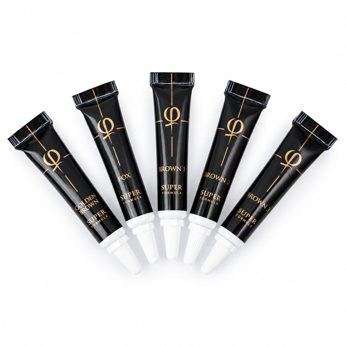 PhiBrows SUPER Microblading Pigment Collection 5x5ml — five SUPER pigment tubes arranged as a fan