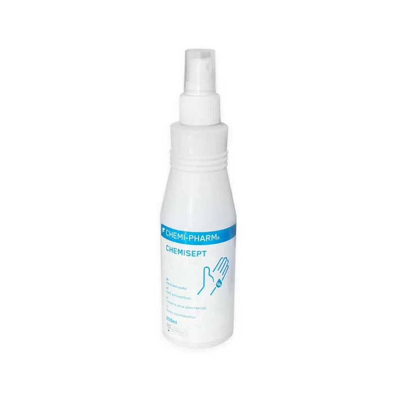 Chemi-Pharm Chemisept hand and skin disinfectant in 250ml or 1000ml bottles, showing the disinfectant liquid and packaging.