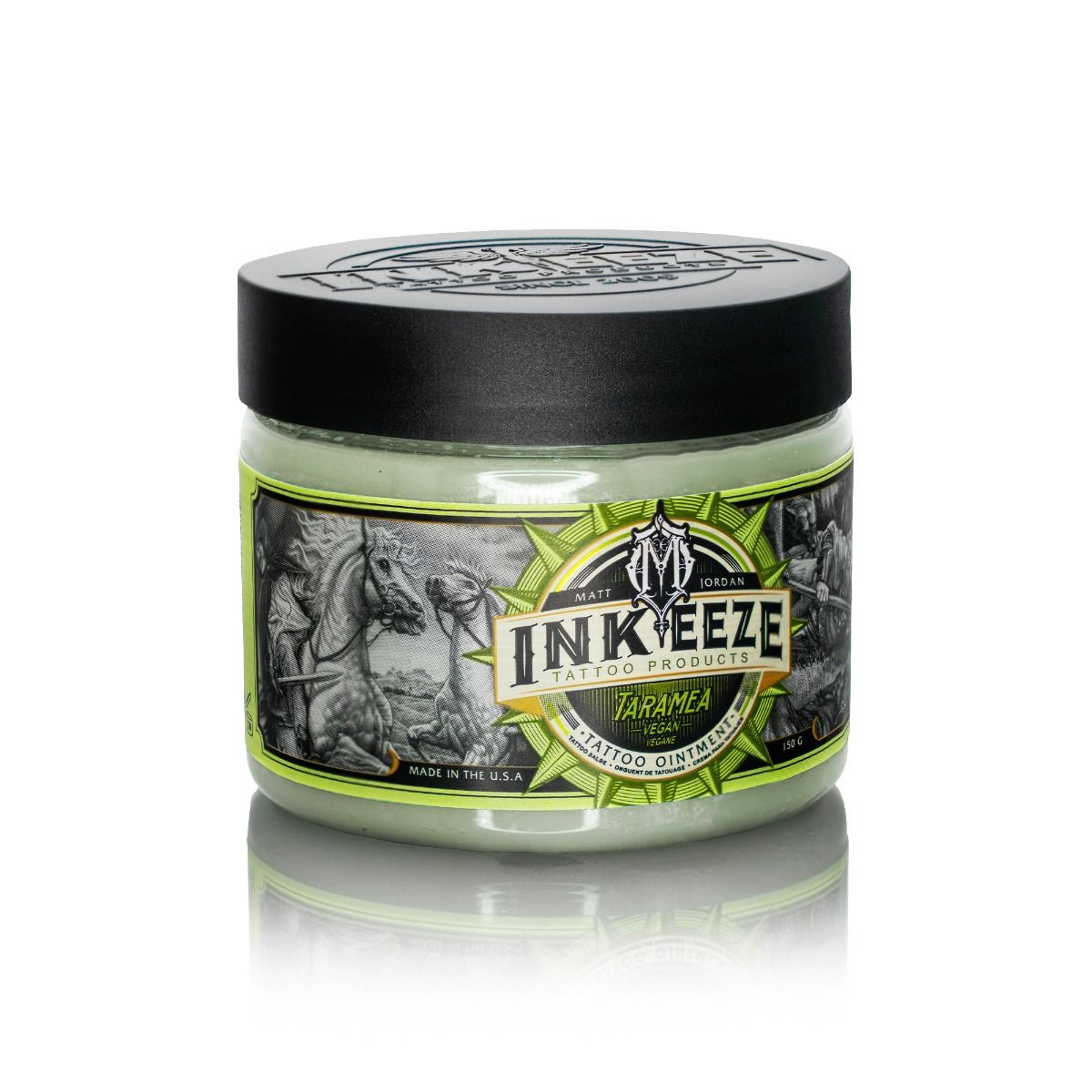 Inkeeze x Matt Jordan Taramea tattoo ointment in a 150g jar, with product label visible and cosmetic packaging.