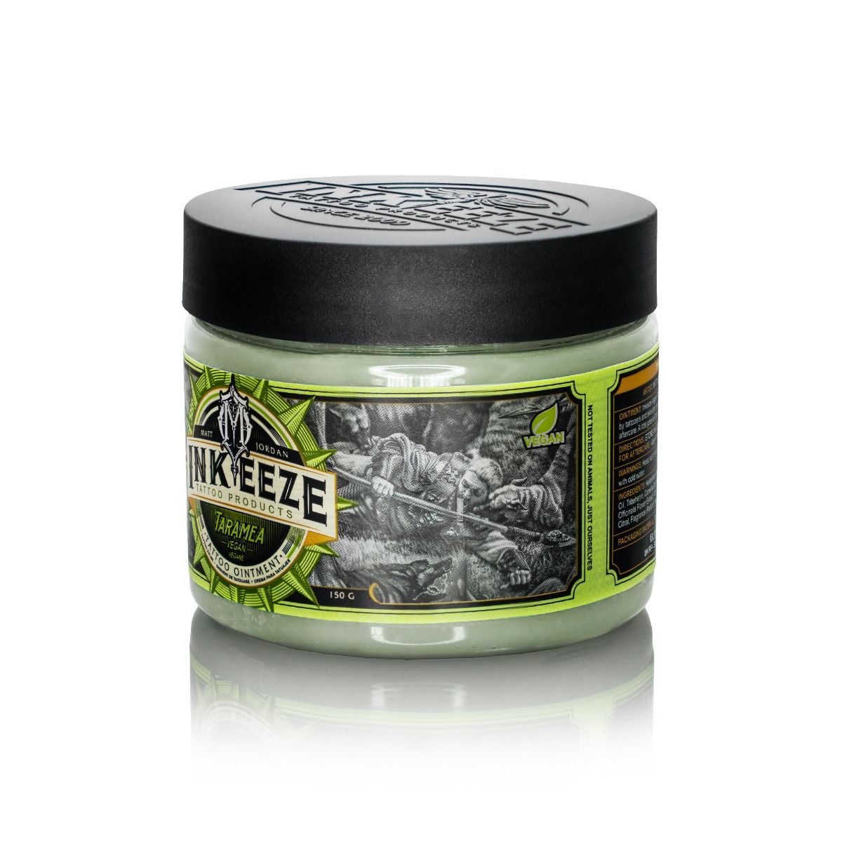 Inkeeze x Matt Jordan Taramea Tattoo Ointment 150g jar with product label and open lid showing the creamy ointment inside.