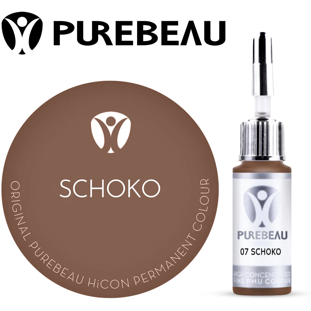Purebeau Schoko 10ml HiCON antakių pigmento buteliukas ir spalvos pavyzdys