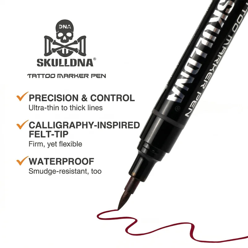Skull DNA dual-ended skin marker in red and blue ink with skull-themed design, ideal for body art and temporary tattoos.