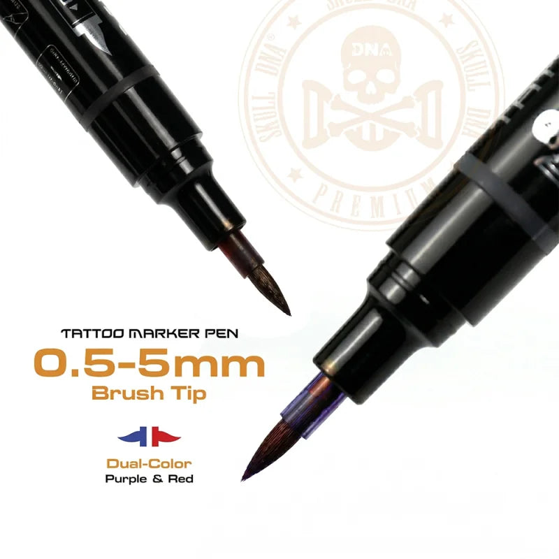 Skull DNA dual-ended skin marker with red and blue ink, featuring a skull design on a white background.