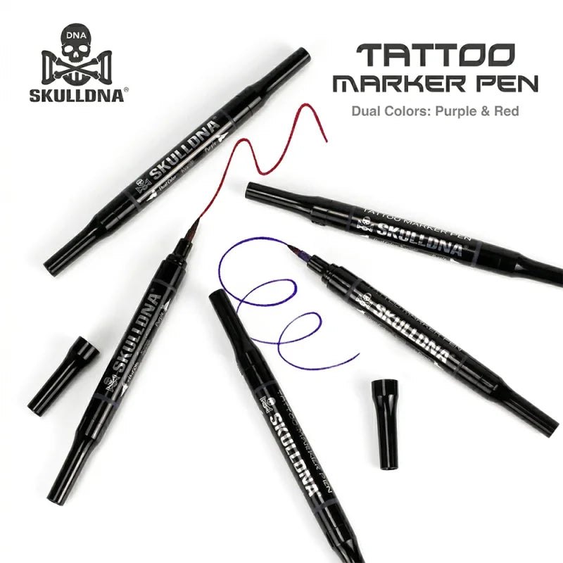 Skull DNA dual-ended skin marker with red and blue ink tips, designed for precise marking on skin for medical or cosmetic use.