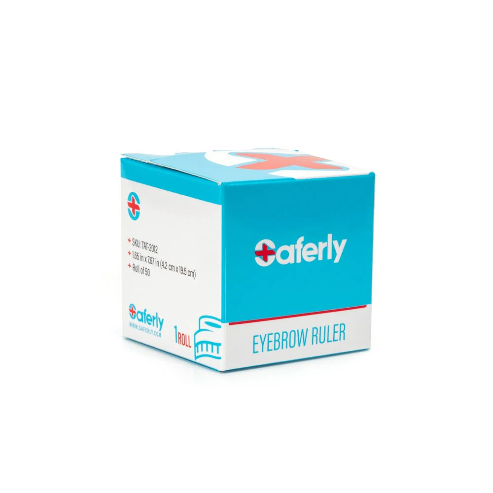 Saferly disposable eyebrow ruler stickers roll of 50, adhesive paper guides for precise eyebrow shaping and measurements.