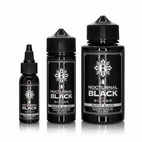 Nocturnal By Bishop Super Black 30ml, 118ml, 295ml — buteliukų dydžių palyginimas
