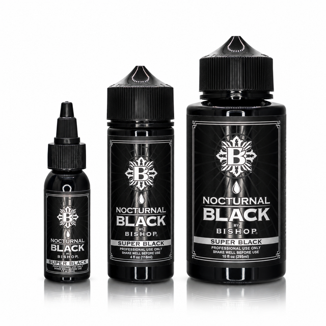 Nocturnal By Bishop Super Black 30ml, 118ml, 295ml — buteliukų dydžių palyginimas