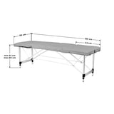 BALANCE trijų dalių sulankstomas aliumininis masažo stalas – pilkas; matmenų brėžinys, 186 × 59 cm stalviršis