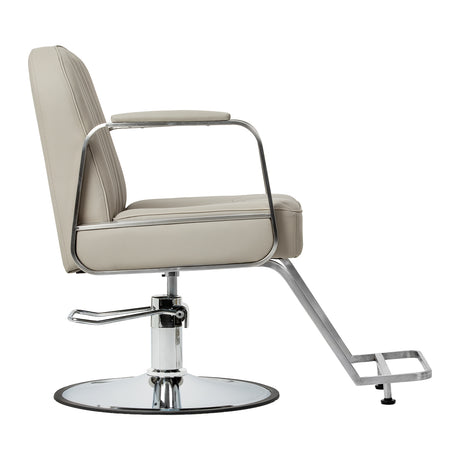 Beige Gabbiano Acri hairdressing chair with padded seat and backrest, adjustable height, and chrome base.