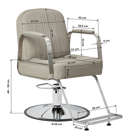 Beige Gabbiano Acri hairdressing chair with adjustable headrest and padded seat, designed for salon styling.
