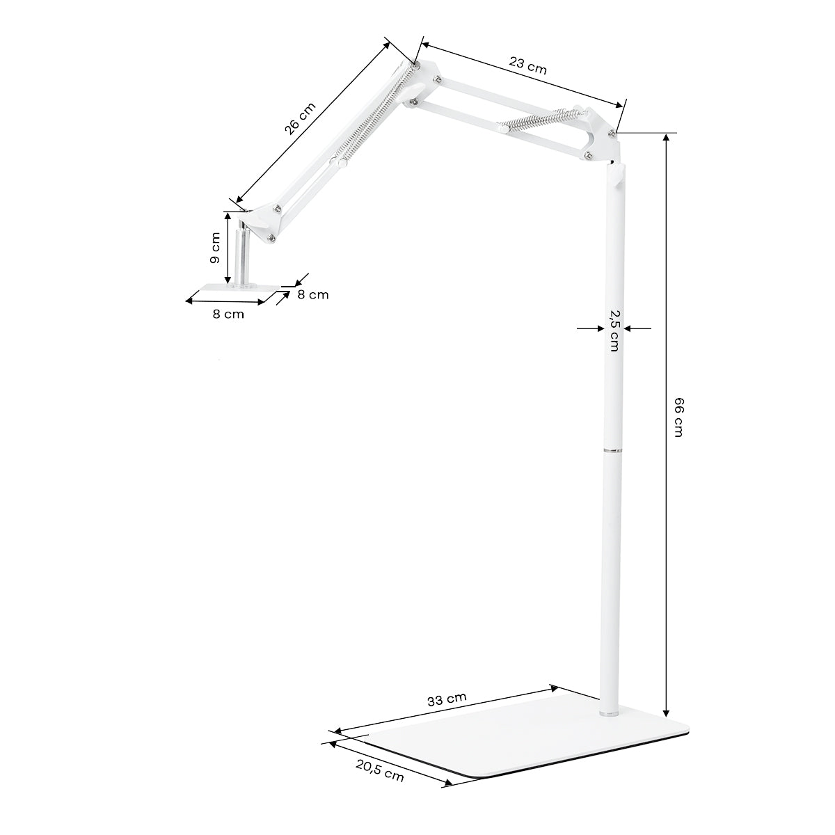 GLOW reguliuojamas UV/LED pedikiūro lempos stovas – baltas; matmenų brėžinys, 33 × 20,5 cm pagrindas