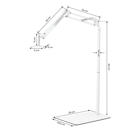 GLOW reguliuojamas UV/LED pedikiūro lempos stovas – baltas; matmenų brėžinys, 33 × 20,5 cm pagrindas