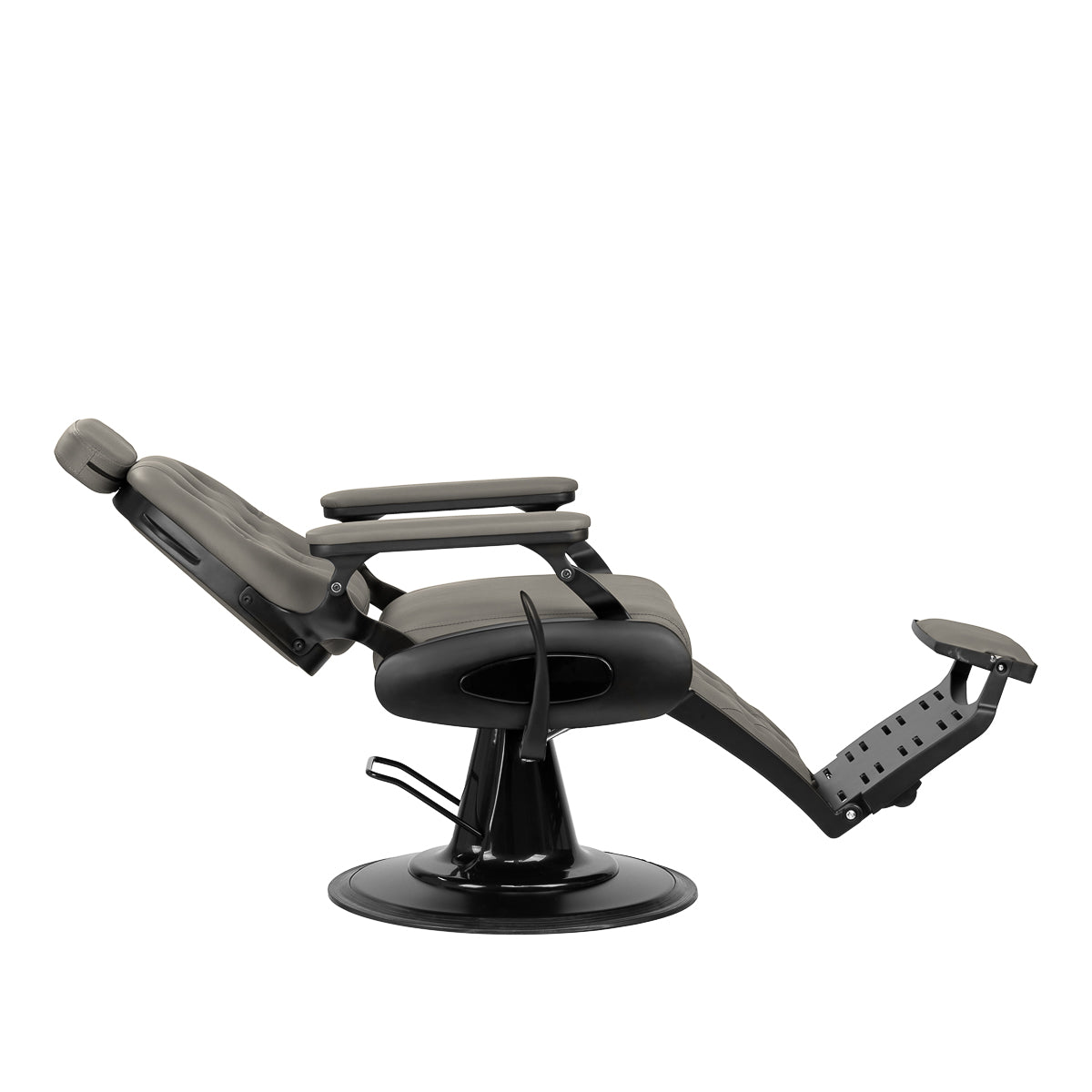 Gabbiano Francesco grey barber chair with black base, stylish barbershop furniture, adjustable seat and modern design.