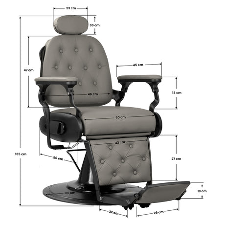 Gabbiano Francesco grey barber chair with black base, barbershop furniture featuring padded seat and backrest for comfort.