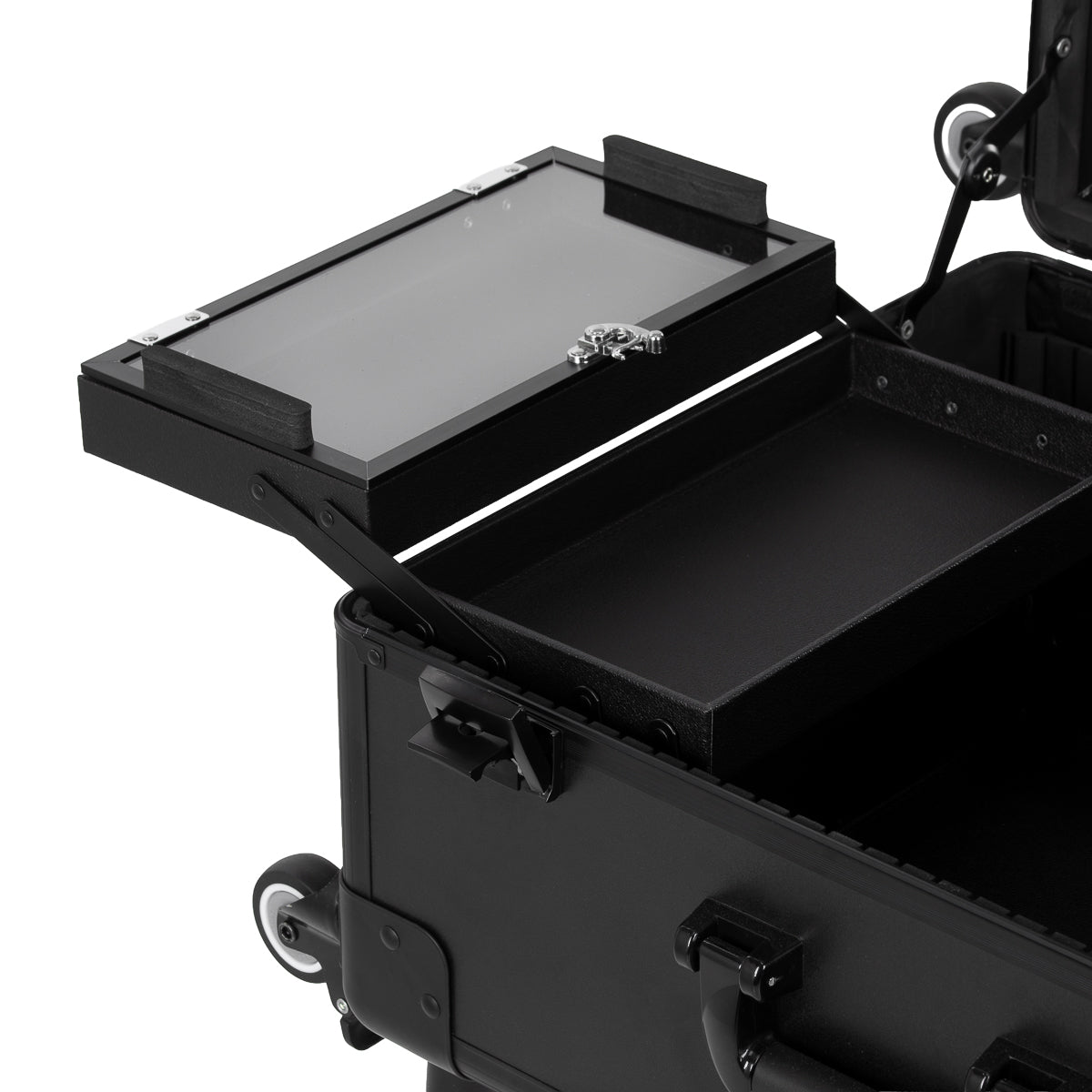 Makeup artist travel case with lockable closures and wheels